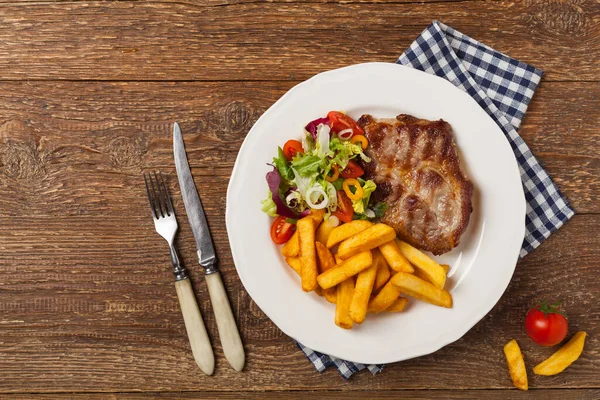 Grilled Pork Neck Served French Fries Salad Top View — Stock Photo, Image