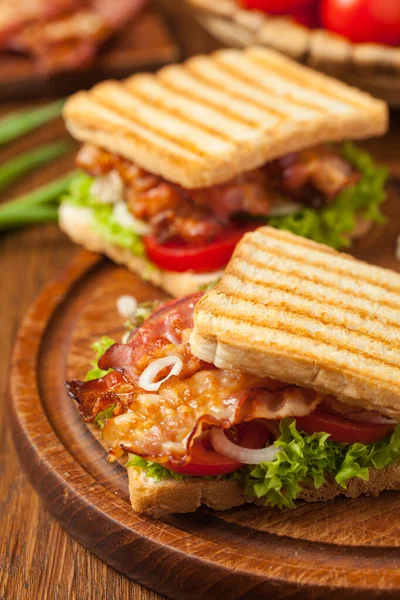 Rostad Smörgås Med Bacon Tomat Gurka Och Sallad Framifrån — Stockfoto