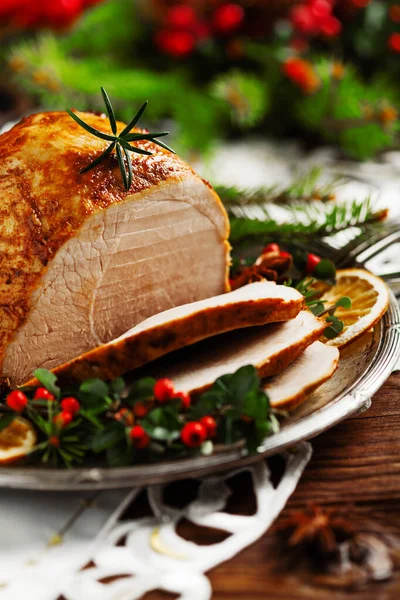 Christmas Baked Ham Served Old Plate Spruce Twigs All Front — Stock Photo, Image