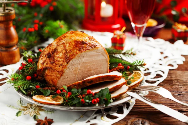 Christmas Baked Ham Served Old Plate Spruce Twigs All Front — Stock Photo, Image
