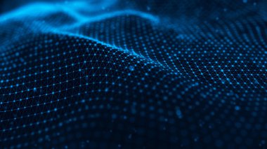 Soyut fütüristik arka plan. Koyu arka plan üzerinde bağlantı noktaları ve çizgiler ile dalga. Parçacık dalgası. 3d render.
