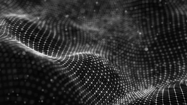 Αφηρημένο φουτουριστικό φόντο. Κυματοειδές με συνδέσεις τελείες και γραμμές σε σκούρο φόντο. Κύμα σωματιδίων. απόδοση 3D. — Φωτογραφία Αρχείου