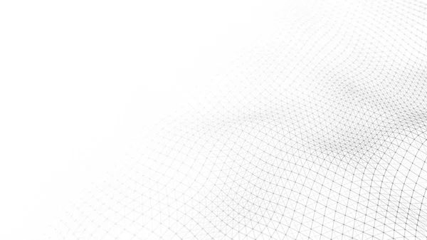 Abstract white futuristic background. Wave with connecting dots and lines on dark background. 3D rendering.