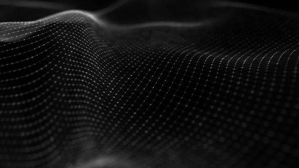 粒子の波ダイナミックウェーブを持つ抽象的な背景。ビッグデータ。3D レンダリング. — ストック写真