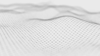 Dalga beyaz arka plan. Soyut beyaz fütüristik arka plan. Koyu arka plan üzerinde bağlantı noktaları ve çizgiler ile dalga. Parçacık dalgası. 3d render.
