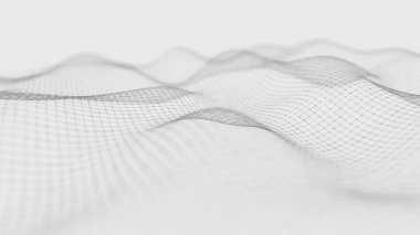 Dalga beyaz arka plan. Soyut beyaz fütüristik arka plan. Koyu arka plan üzerinde bağlantı noktaları ve çizgiler ile dalga. Parçacık dalgası. 3d render.