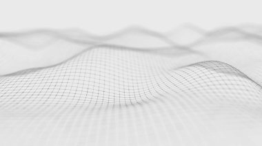 Dalga beyaz arka plan. Soyut beyaz fütüristik arka plan. Koyu arka plan üzerinde bağlantı noktaları ve çizgiler ile dalga. Parçacık dalgası. 3d render.