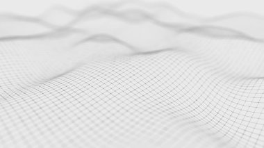 Dalga beyaz arka plan. Soyut beyaz fütüristik arka plan. Koyu arka plan üzerinde bağlantı noktaları ve çizgiler ile dalga. Parçacık dalgası. 3d render.