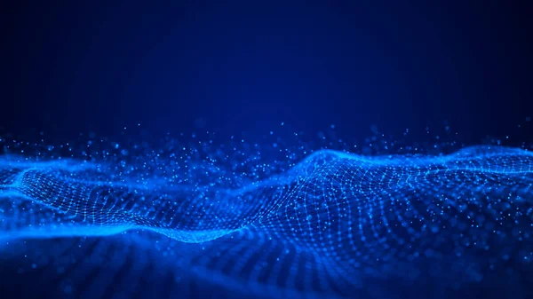 Хвиля частинок. Футуристичні блакитні крапки фону з динамічною хвилею. Великі дані. 3D візуалізація . — стокове фото
