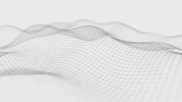 Wave white background. Abstract white futuristic background. Wave with connecting dots and lines on dark background. Wave of particles. 3D rendering.