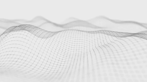 Wave white background. Abstract white futuristic background. Wave with connecting dots and lines on dark background. Wave of particles. 3D rendering.