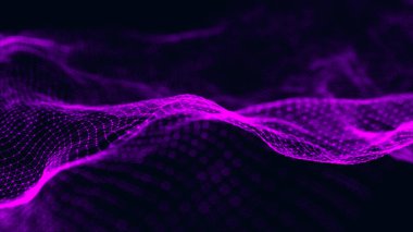 Veri teknolojisi illüstrasyon. Koyu arka plan üzerinde bağlantı noktaları ve çizgiler ile dalga. Parçacık dalgası. 3d render.