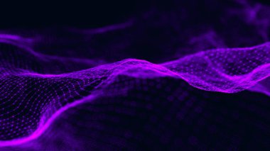 Veri teknolojisi illüstrasyon. Koyu arka plan üzerinde bağlantı noktaları ve çizgiler ile dalga. Parçacık dalgası. 3d render.