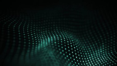 Veri teknolojisi illüstrasyon. Soyut fütüristik arka plan. Koyu arka plan üzerinde bağlantı noktaları ve çizgiler ile dalga. Parçacık dalgası.