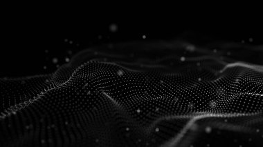 Veri teknolojisi illüstrasyon. Soyut fütüristik arka plan. Koyu arka plan üzerinde bağlantı noktaları ve çizgiler ile dalga. Parçacık dalgası.