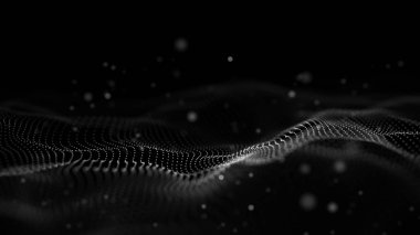 Veri teknolojisi illüstrasyon. Soyut fütüristik arka plan. Koyu arka plan üzerinde bağlantı noktaları ve çizgiler ile dalga. Parçacık dalgası.
