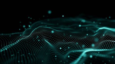 Veri teknolojisi illüstrasyon. Soyut fütüristik arka plan. Koyu arka plan üzerinde bağlantı noktaları ve çizgiler ile dalga. Parçacık dalgası.