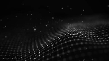 Veri teknolojisi illüstrasyon. Soyut fütüristik arka plan. Koyu arka plan üzerinde bağlantı noktaları ve çizgiler ile dalga. Parçacık dalgası.