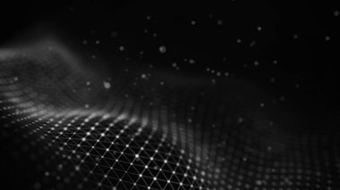 Veri teknolojisi illüstrasyon. Soyut fütüristik arka plan. Koyu arka plan üzerinde bağlantı noktaları ve çizgiler ile dalga. Parçacık dalgası.