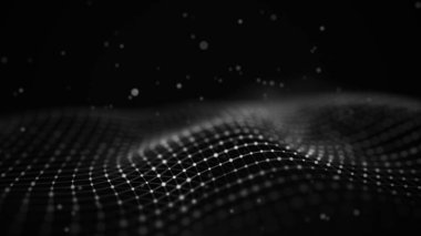 Veri teknolojisi illüstrasyon. Soyut fütüristik arka plan. Koyu arka plan üzerinde bağlantı noktaları ve çizgiler ile dalga. Parçacık dalgası.