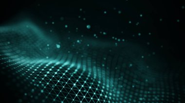 Veri teknolojisi illüstrasyon. Soyut fütüristik arka plan. Koyu arka plan üzerinde bağlantı noktaları ve çizgiler ile dalga. Parçacık dalgası.