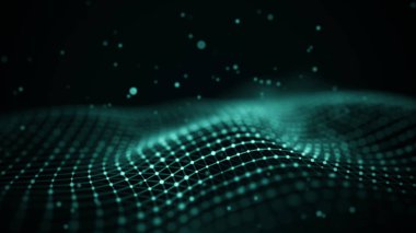 Veri teknolojisi illüstrasyon. Soyut fütüristik arka plan. Koyu arka plan üzerinde bağlantı noktaları ve çizgiler ile dalga. Parçacık dalgası.