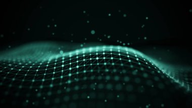 Veri teknolojisi illüstrasyon. Soyut fütüristik arka plan. Koyu arka plan üzerinde bağlantı noktaları ve çizgiler ile dalga. Parçacık dalgası.