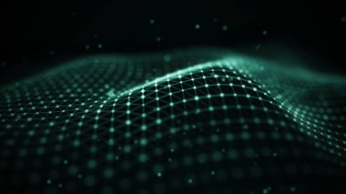 Veri teknolojisi illüstrasyon. Soyut fütüristik arka plan. Koyu arka plan üzerinde bağlantı noktaları ve çizgiler ile dalga. Parçacık dalgası.