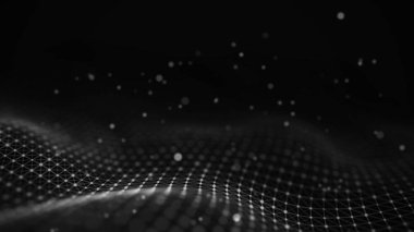 Veri teknolojisi illüstrasyon. Soyut fütüristik arka plan. Koyu arka plan üzerinde bağlantı noktaları ve çizgiler ile dalga. Parçacık dalgası.