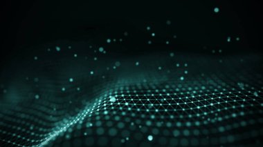 Veri teknolojisi illüstrasyon. Soyut fütüristik arka plan. Koyu arka plan üzerinde bağlantı noktaları ve çizgiler ile dalga. Parçacık dalgası.