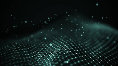 Veri teknolojisi illüstrasyon. Soyut fütüristik arka plan. Koyu arka plan üzerinde bağlantı noktaları ve çizgiler ile dalga. Parçacık dalgası.