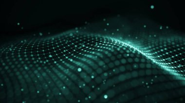 Veri teknolojisi illüstrasyon. Soyut fütüristik arka plan. Koyu arka plan üzerinde bağlantı noktaları ve çizgiler ile dalga. Parçacık dalgası.
