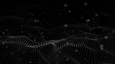 Veri teknolojisi illüstrasyon. Soyut fütüristik arka plan. Koyu arka plan üzerinde bağlantı noktaları ve çizgiler ile dalga. Parçacık dalgası.