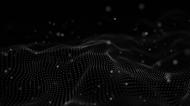 Veri teknolojisi illüstrasyon. Soyut fütüristik arka plan. Koyu arka plan üzerinde bağlantı noktaları ve çizgiler ile dalga. Parçacık dalgası.
