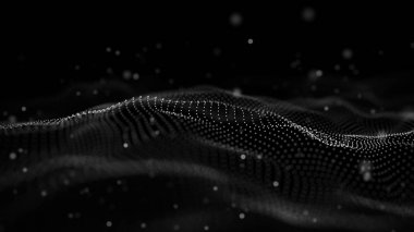 Veri teknolojisi illüstrasyon. Soyut fütüristik arka plan. Koyu arka plan üzerinde bağlantı noktaları ve çizgiler ile dalga. Parçacık dalgası.