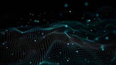 Veri teknolojisi illüstrasyon. Soyut fütüristik arka plan. Koyu arka plan üzerinde bağlantı noktaları ve çizgiler ile dalga. Parçacık dalgası.