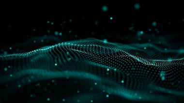 Veri teknolojisi illüstrasyon. Soyut fütüristik arka plan. Koyu arka plan üzerinde bağlantı noktaları ve çizgiler ile dalga. Parçacık dalgası.