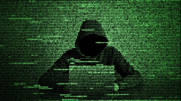 データセキュリティの概念におけるハッカー。ラップトップを使ったハッカーインターネットをハッキングしてるサイバー攻撃. — ストック写真