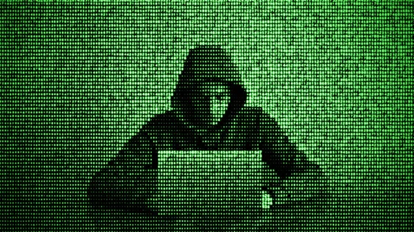 Hacker nel concetto di sicurezza dei dati. Un hacker che usa il portatile. Sto hackerando Internet. Attacco informatico . — Foto Stock