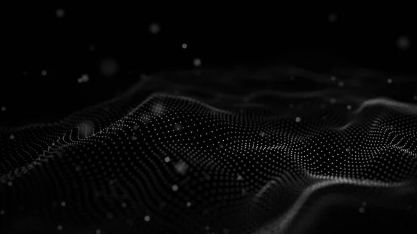 Απεικόνιση της τεχνολογίας δεδομένων. Αφηρημένο φουτουριστικό φόντο. Κυματοειδές με συνδέσεις τελείες και γραμμές σε σκούρο φόντο. Κύμα σωματιδίων. — Φωτογραφία Αρχείου