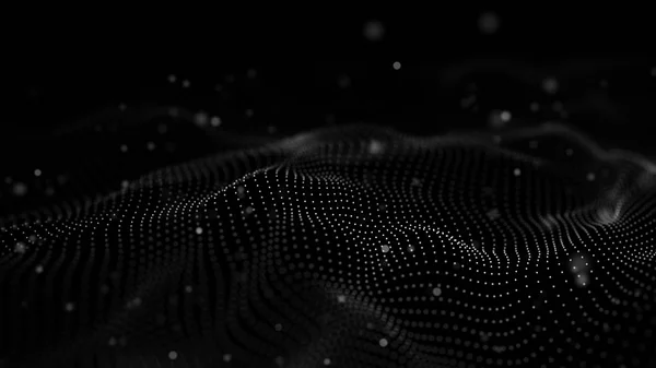 Απεικόνιση της τεχνολογίας δεδομένων. Αφηρημένο φουτουριστικό φόντο. Κυματοειδές με συνδέσεις τελείες και γραμμές σε σκούρο φόντο. Κύμα σωματιδίων. — Φωτογραφία Αρχείου