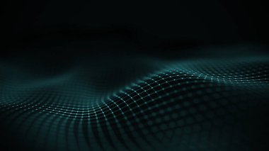 Veri teknolojisi illüstrasyon. Soyut fütüristik arka plan. Koyu arka plan üzerinde bağlantı noktaları ve çizgiler ile dalga. Parçacık dalgası.