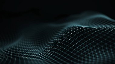 Veri teknolojisi illüstrasyon. Soyut fütüristik arka plan. Koyu arka plan üzerinde bağlantı noktaları ve çizgiler ile dalga. Parçacık dalgası.