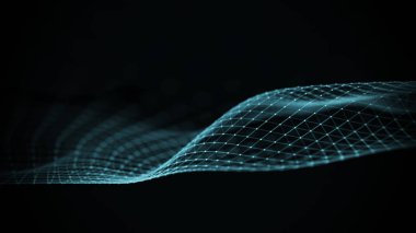 Veri teknolojisi illüstrasyon. Soyut fütüristik arka plan. Koyu arka plan üzerinde bağlantı noktaları ve çizgiler ile dalga. Parçacık dalgası.
