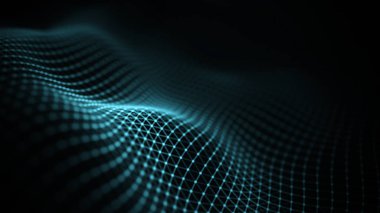 Veri teknolojisi illüstrasyon. Soyut fütüristik arka plan. Koyu arka plan üzerinde bağlantı noktaları ve çizgiler ile dalga. Parçacık dalgası.