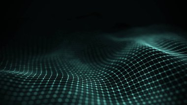 Veri teknolojisi illüstrasyon. Soyut fütüristik arka plan. Koyu arka plan üzerinde bağlantı noktaları ve çizgiler ile dalga. Parçacık dalgası. Büyük veri görselleştirme.