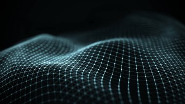 Veri teknolojisi illüstrasyon. Soyut fütüristik arka plan. Koyu arka plan üzerinde bağlantı noktaları ve çizgiler ile dalga. Parçacık dalgası. Büyük veri görselleştirme.