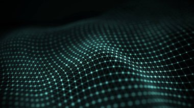 Veri teknolojisi illüstrasyon. Soyut fütüristik arka plan. Koyu arka plan üzerinde bağlantı noktaları ve çizgiler ile dalga. Parçacık dalgası. Büyük veri görselleştirme.