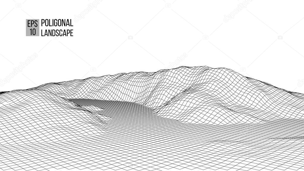 Wireframe landscape wire. Wireframe terrain polygon landscape design. 3d landscape