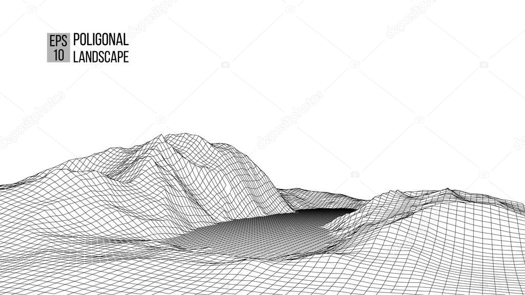 Wireframe landscape wire. Wireframe terrain polygon landscape design. 3d landscape